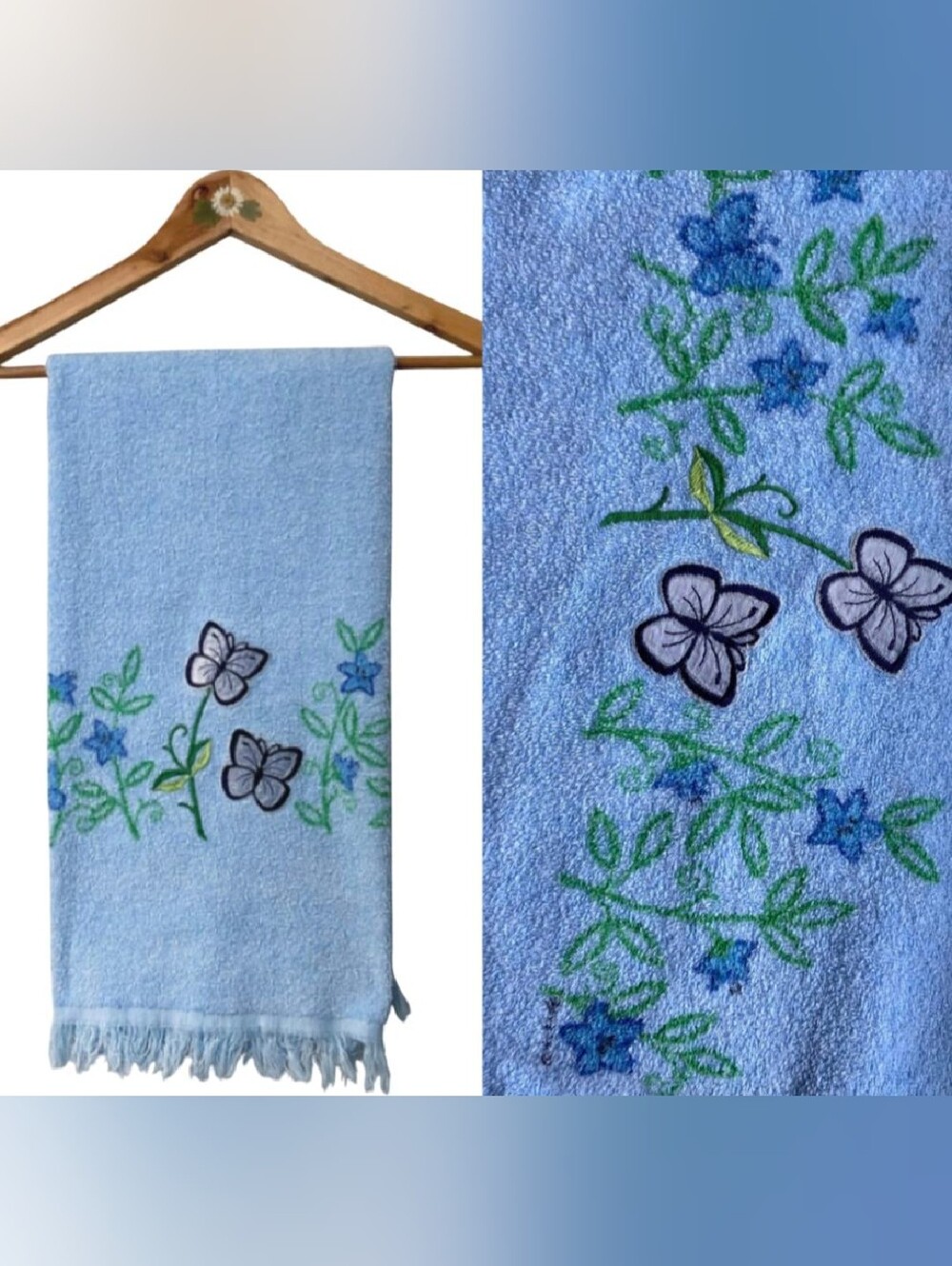 VTG MC GUC Floral Butterfly  Embroidered Fringe Towel Cottagecore Fairycore Home